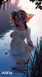 1girls alfie_(comic) alphanea_tolman black_hair blue_eyes breasts casual clothing female female_only flower hair_flower hair_ornament halfling incase large_breasts long_hair nipples pale_skin partially_submerged pointy_ears see-through shortstack solo wet