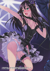 :d absurdres armpits black_dress black_gothic_dress_(idolmaster) black_hair breasts cleavage clothed_masturbation clothing dress female flower gloves green_eyes hair_flower hair_ornament highres idolmaster idolmaster_cinderella_girls long_hair masturbation matsuryuu microphone microphone_stand open_mouth panties pussy_juice scan shibuya_rin sleeveless sleeveless_dress smile solo stealth_masturbation sweat tears underwear vibrator vibrator_under_panties white_panties