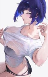 ass big_breasts black_hair blue_hair bob_cut female_only genshin_impact hoyoverse lingerie looking_at_viewer qiandaiyiyu see-through see-through_panties tagme two_tone_hair wet wet_body wet_clothes yelan_(genshin_impact)