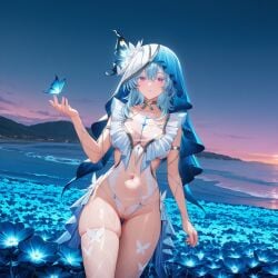 ai_generated belly_button bikini blue_hair purple_eyes shorekeeper_(wuthering_waves) the_shorekeeper_(wuthering_waves) visible_pussy wuthering_waves