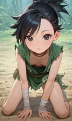 ai_generated andava_(style) bandaged_ankle bandaged_ankles bandaged_wrists black_hair brown_eyes dororo_(character) dororo_(tezuka) down_blouse flat_chest forest green_clothing japanese_clothes kneeling kosine1777 necklace nipple_peek outdoors small_breasts smaller_female top_knot trees