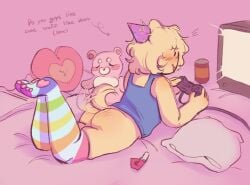 colored cute_male happy kneesocks laying_down laying_on_bed laying_on_stomach naked_ass pillow playing playing_videogame poob_(regretevator) regretevator shading skinny tailwag thick_thighs thighs toony toys tv yellow_body