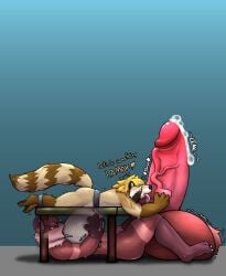 absurd_res anthro ass ball_lick balls big_balls big_penis blonde_hair bodily_fluids brown_body brown_fur chips_savacha cum domestic_ferret duo fur furniture genital_fluids genitals green_eyes hair hi_res huge_balls huge_cock hybrid hyper hyper_balls hyper_genitalia hyper_penis kirione leaking_cum licking lying male male/male mammal markings mustelid musteline ngusommm nude on_back oral penile penis penis_lick penis_size_difference pink_eyes procyonid raccoon red_hair restrained restraints sex small_penis stoat striped_markings striped_tail stripes table tail tail_markings tongue true_musteline weasel yellow_body yellow_fur
