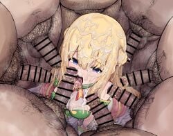 1girls bar_censor blonde_hair blue_eyes censored cum cum_in_mouth cum_on_body light_skin multiple_boys multiple_penises neptunia_(series) open_mouth penis pubic_hair smegma tongue_out veiny_penis vert