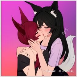 2girls ahri ai_generated flirting girl_on_girl kissing league_of_legends lesbian_couple lesbian_kiss lovers vastaya xayah yuri yuri yuri