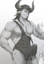 animal_ears apron apron_only balls bara boner cachic cow_ears draph erection erection_under_clothes granblue_fantasy horns male male_only monochrome muscles muscular penis reinhardtzar solo solo_male