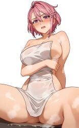 1girls blush cetta_(cettadvd) dandadan female nude nude_female pink_eyes pink_hair shiratori_aira_(dandadan) short_hair solo solo_female towel wet wet_body