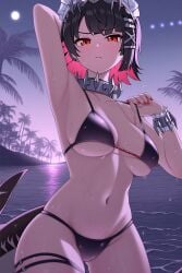 ai_generated armpits beach bikini black_hair breasts curvy ear_piercing ellen_joe large_breasts pink_hair punk punk_girl red_eyes shark shark_girl shark_humanoid shark_tail short_hair sidillusts spiked_collar two_tone_hair underboob wet wet_body zenless_zone_zero