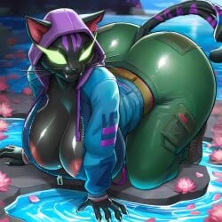 anthro areolae black_cat black_fur cat_ears cat_girl cat_tail catgirl female female_focus female_only green_eyes hanging_tits hood_up hoodie jeans kaiserz looking_at_viewer massive_ass massive_breasts massive_butt massive_thighs massive_tits nyanja_(fortnite) smug smug_expression smug_eyes smug_face smug_smile tits_bigger_than_head whiskers