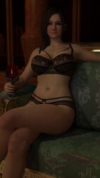 3d 3d_(artwork) capcom gardenoffantasi legs_crossed lingerie mia_winters relaxing resident_evil resident_evil_8:_village sofa wine wine_glass