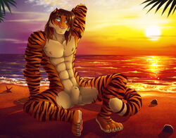 1boy abs ango76 anthro balls beach biceps blue_eyes brown_fur brown_hair chest_tuft feline fur hair looking_at_viewer male male_only mammal muscular night_(dream_and_nightmare) nipples nude outside pecs pink_nose pose sea seaside sheath sitting smile solo spread_legs spreading stripes sunset tiger tuft water white_fur