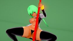 1girls bra emerald_sustrai female green_hair green_hair_female half-dressed half_naked half_naked_female leather_jacket nakadashi_(artist) pornhub_bra red_eyes rwby solo_female spread_legs stripper_pole