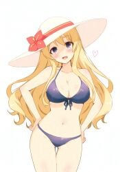 1girls arms_akimbo big_eyebrows bikini blonde_hair blue_eyes blush breasts cowboy_shot female hat heart hitorilily k-on! large_breasts simple_background smiling_at_viewer tagme thigh_gap tsumugi_kotobuki_(k-on!) very_long_hair