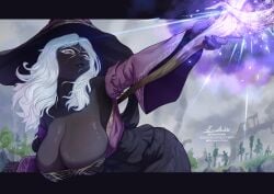 1girls background big_ass big_breasts big_butt black_lipstick brown_eyes color colored dark-skinned_female dark_skin doktor_malefic dress elden_ring elden_ring_nightreign female female_focus female_only lips lipstick long_hair nail_polish nails recluse_(elden_ring) recluse_(nightreign) white_hair witch witch_hat