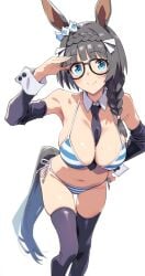 ai_generated animal_ears black_hair blue_eyes braided_hair breasts female glasses hair_ornament horse_girl striped_bikini umamusume umamusume_pretty_derby zenno_rob_roy_(umamusume)