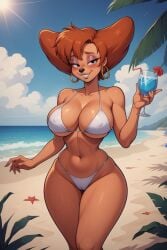 ai_generated anthro beach bikini disney drinking_glass ear_ring ear_rings glass goof_troop large_breasts peg_pete tan tan_body tan_skin white_bikini