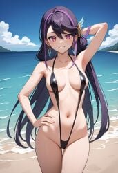 beach blush earrings female h_madoka hi_res kurosaki_ruri looking_at_viewer lulu_obsidian micro_bikini navel one_arm_up open_mouth pose purple_hair red_eyes smile solo teenager yu-gi-oh! yu-gi-oh!_arc-v