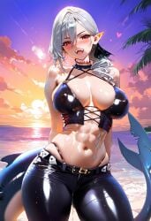 abs ai_generated athletic_female attractive beach belly_button blush civitai cleavage detailed_background female_only heart_symbol jeans large_breasts muscles ocean original_character pirate ponytail red_eyes revealing_clothes sexy shark shark_girl shark_tail shiny_skin short_hair skindentation smile sunset tight_pants underwear wet wet_hair white_hair yodayo