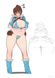 1girls 2d ass big_ass big_breasts blizzard_entertainment blush breasts brown_hair chubby chubby_female deeezel female fisticuffs_club fur_boots fur_collar fur_trim glasses gloves looking_at_viewer mei-ling_zhou mei_(overwatch) overwatch patrick_hateman smile solo thong