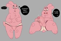 1boy anthro balls briefs cartoon_network chubby clothed clothing dialogue erection half-dressed lagomorph lumo male male_only mammal overweight penis precum rabbit richard_watterson solo solo_male the_amazing_world_of_gumball topless uncut underwear underwear_aside