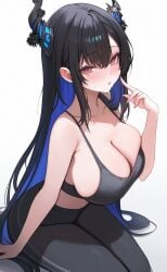 1girls :o alternate_costume asymmetrical_horns bare_arms bare_shoulders big_breasts black_hair black_pants black_sports_bra blue_hair blue_nail_polish blue_nails blush blush blush_lines blushing_at_viewer breasts cleavage collarbone colored_inner_hair demon_girl demon_horns eyebrows_visible_through_hair finger_to_cheek flower gym_clothes gym_uniform hair_between_eyes highres hololive hololive_english hololive_english_-advent- horn_flower horns huge_breasts koahri large_breasts light-skinned_female light_blush light_skin long_hair looking_at_viewer mole mole_under_eye multicolored_hair nail_polish nerissa_ravencroft open_mouth pants parted_lips red_eyes sideboob sitting solo sports_bra sweat thick_thighs thighs uneven_horns very_long_hair virtual_youtuber white_background yoga_pants