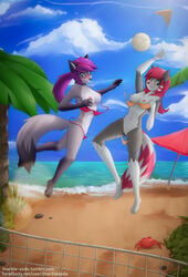 anthro arthropod beach blue_eyes blush breasts canine casual_nudity clothed clothing crab crustacean derpah digitigrade duo ear_piercing female green_eyes hair half-closed_eyes hybrid mammal marine multicolored_hair navel nipples nude panties paws piercing pink_hair pink_panties ponytail pussy raccoon rikki seaside skimpy striped striped_panties syrth tasteful_nudity tied_hair umbrella underwear volleyball wardrobe_malfunction wolf