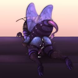 1:1 absurd_res anus arthropod arthropod_abdomen arthropod_abdomen_genitalia bee black_body blue_body blue_wings bodily_fluids claws cum cum_in_ass cum_inside finger_claws genital_fluids genitals hi_res hymenopteran insects lissy_(artist) male markings phase presenting presenting_anus purple_body purple_wings solo toe_claws white_markings wings