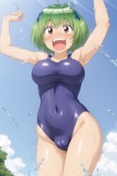 :d ahoge ai_generated armpits arms_up bakadere bangs blue_leotard blue_mizugi blue_one-piece_swimsuit blue_sky blue_swimsuit blush breasts brown_eyes cameltoe clavicle cleft_of_venus clothing cloud competition_swimsuit covered_navel cowboy_shot day female green_hair hair_ornament kenkou_zenrakei_suieibu_umishou large_breasts leotard looking_at_viewer mizugi navel ninagawa_amuro one-piece_swimsuit open-mouth_smile open_mouth outdoors pussy_visible_through_clothes pussy_visible_through_leotard pussy_visible_through_swimsuit shiny short_hair sky smile solo splashing standing sukumizu swimsuit tank_suit teen teen_girl teenage teenage_girl teenager teeth thighs upper_teeth_only water wet x_hair_ornament