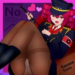 1girls 2d 2d_(artwork) artist_request boots clothed clothing female female_only hat heart heart_symbol kasane_teto legs legwear military_uniform panties_under_pantyhose panties_visible_through_clothing pantyhose red_eyes red_hair solo solo_female stockings thick_thighs thighs tights twin_drills utau