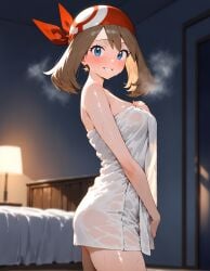 after_shower ai_generated bed blue_eyes blush brown_hair may_(pokemon) pokemon pokemon_rse smile standing teeth towel_only wet wet_body wet_towel