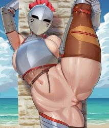 armor armpits ass_visible_through_thighs beach breasts female gauntlets helmet highres kardia_(nisetanaka) knight large_breasts looking_at_viewer navel nisetanaka original outdoors palm_tree pussy sand split standing standing_on_one_leg standing_split stomach tree water