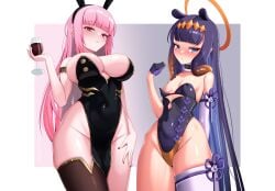 2girls :o arm_up armpits armwear artist_name artist_tag belly_button belly_button_visible_through_clothing belt big_breasts big_chests big_thighs black_bunny_ears black_bunnysuit black_leotard black_nail_polish black_nails blush blushing_at_viewer blushing_female bowtie breasts brown_thigh_socks bunny_ears bunnysuit chest choker death_girl duo ear elf_ears fake_animal_ears fake_bunny_ears female females glass glove gloved_hand gold_armwear gradient_background gradient_hair green_bow_tie green_bowtie green_hair halo high_resolution holding_object holding_own_thigh holding_thigh holding_wine holding_wine_glass hololive hololive_english hololive_myth leotard light-skinned_female light_skin long_hair long_hair_female long_orange_hair long_pink_hair long_purple_hair long_violet_hair medium_boobs medium_breasts medium_chest medium_hair medium_hips medium_thighs mori_calliope neckwear ninomae_ina'nis no_underwear octopus_ears octopus_girl octopus_humanoid pink_eyes pink_hair purple_bunnysuit purple_choker purple_glove purple_gloves purple_hair purple_leotard purple_neckwear red_eyes reflection reflective_body reflective_clothing reflective_hair reflective_skin sexy sexy_body sexy_female sexy_pose shy shy_expression shy_female shy_girl sole_(solevis_on/soledoesart) squishy squishy_ass squishy_breasts squishy_butt squishy_thighs stars_and_stripes thick_hips thick_thighs thigh_socks two_tone_hair upscaled violet_eyes violet_hair virtual_youtuber vtuber vtuberfanart vtubers waifu2x watermark white_background wine wine_glass women