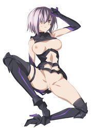 after_sex armor bare_shoulders breasts censored cum cum_in_pussy cum_inside elbow_gloves fate/grand_order fate/stay_night fate_(series) female gloves hair_over_one_eye navel ningen_(ningen96) nipples purple_eyes pussy shielder_(fate/grand_order) short_hair solo spread_legs thighhighs