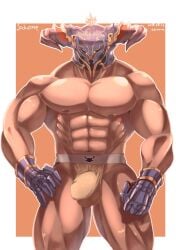 animal_ears balls bara bulge cow_ears draph flaccid granblue_fantasy horns male male_only muscles muscular penis seitora solo solo_male vaseraga