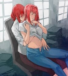 2girls aozaki_aoko aozaki_touko blush book_stack breast_grab breasts chair closed_eyes dress_shirt female groping hand_on_another's_stomach hand_on_own_shoulder incest kara_no_kyoukai light_smile lsunl mahou_tsukai_no_yoru melty_blood midriff multiple_girls navel open_pants pants red_eyes red_hair shirt shirt_lift siblings sisters sitting sitting_on_lap sitting_on_person t-shirt tsukihime type-moon undone window yuri