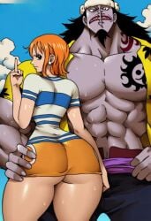 abs ai_generated arlong ass_grab facial_hair fishman huge_ass muscles nami_(one_piece) one_piece orange_hair