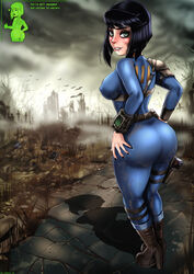 1girls ass bethesda_softworks biting_lip black_hair bodysuit clothed computer dat_ass electronics fallout fallout_(series) fallout_4 female female_only gameplay_mechanics large_ass large_breasts lip_piercing outdoors piercing pip-boy shadman short_hair solo standing vault_dweller vault_girl vault_meat vault_suit wristwear