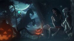 1boy 3d 3girls ass bent_over black_hair breasts cd_projekt_red ciri corset cunnilingus female hair_bun hakusfm halloween horse long_hair moon multiple_girls night nipples nude oral red_hair scar sitting the_witcher the_witcher_(series) the_witcher_2 the_witcher_3:_wild_hunt triss_merigold white_hair wild_hunt yennefer yuri