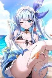 absurdres anchor_(innocent_maid)_(nikke) anchor_(nikke) ass b12_s2 bare_shoulders beach bikini black_bikini black_choker black_skirt blue_eyes blue_hair blue_jacket blue_ribbon blue_sky blush breasts choker cleavage commentary feet female frilled_bikini frilled_skirt frills goddess_of_victory:_nikke hair_ribbon halterneck highres jacket legs_up long_hair maid maid_bikini maid_headdress medium_breasts miniskirt off_shoulder official_alternate_costume one_eye_closed open_clothes open_jacket open_mouth outdoors ribbon side_ponytail sitting skirt sky starfish string_bikini sunlight swimsuit thighs unconventional_maid water