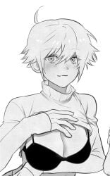 arm_under_breasts blush bra canon_genderswap cleavage female female_only genderswap_(mtf) ginko_sakata gintama gintoki_sakata gtk4_r4 looking_at_viewer medium_breasts monochrome rule_63 short_hair shrug_(clothing) smile solo sweater turtleneck upper_body very_short_hair