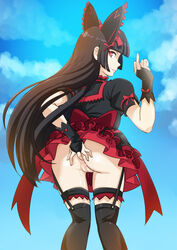 1girls anal_fingering anus black_hair bridal_gauntlets female female_only fingering fingering_self garter_straps gate_-_jieitai_ka_no_chi_nite_kaku_tatakaeri hair_ribbon hmage long_hair looking_back middle_finger no_panties pussy pussy_juice red_eyes ribbon rory_mercury skirt smile solo solo_female standing thigh_gap thigh_strap thighhighs uncensored upskirt