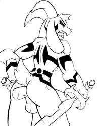 1boy 2015 anal anal_sex anthro asriel_dreemurr asriel_dreemurr_(god_form) ass balls black_fur blade caprine fur goat horn johnithanial long_ears male male_focus male_only mammal markings melee_weapon monochrome muscular pecs penetration simple_background standing sword teeth uncensored undertale video_games weapon white_background yaoi