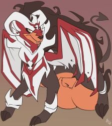 2019 2_horns animal_genitalia balls big_balls black_body black_nose claws curled_horn feral fuf generation_2_pokemon generation_8_pokemon genitals hi_res horn houndoom huge_balls hybrid hyper hyper_balls hyper_genitalia legendary_pokemon looking_at_viewer male membrane_(anatomy) membranous_wings multicolored_body nintendo pokemon pokemon_(species) quadruped red_body sheath simple_background solo spade_tail standing tail tan_body teeth white_body wings zamazenta