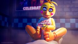 16:9 4k absurd_res animatronic anthro ashleyorange avian beak bib bird blue_eyes chicken clothing duo eyeshadow feet female first_person_view five_nights_at_freddy's five_nights_at_freddy's_2 foot_fetish foot_play footjob galliform hi_res looking_at_viewer machine makeup male male/female on_model orange_feet phasianid robot robot_anthro scottgames sex toy_chica_(fnaf) widescreen yellow_body