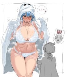 21498 blue_hair blush ghost_costume glasses lingerie oc white_bra white_lingerie white_panties