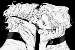 2boys black_and_white closed_eyes closed_eyes collar cross_earrings ear_piercing face_closeup french_kissing gag gagged_together gay hand_on_face kissing male/male male_only oc original original_characters saliva tattoo tongue tongue_kiss trangtora x-ray yaoi