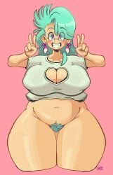 1girls bbw blue_hair bulma_briefs bulma_briefs_(post_saiyan_saga) chubby cleavage cleavage_cutout condom condom_earring cum dragon_ball dragon_ball_z female heart-shaped_pupils huge_hips mombod overweight overweight_female pubic_hair pussy sharm_zhoma smile solo thick_thighs thunder_thighs used_condom v_sign wide_hips