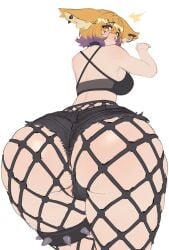 ^^^ animal_ears ass_focus blush bottom_heavy criss-cross_halter crop_top curvy embarrassed fennec_ears fishnets from_behind full-face_blush gigantic_breasts harufeng hyper_ass large_breasts looking_back paw_pose shocked shorts spiked_thighband thick_hips thick_thighs thighband trefoil wavy_mouth wide_hips