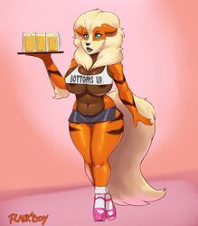 2015 alcohol anthro anthrofied arcanine beer beverage breasts brown_fur brown_stripes emma_fletcher female food fur furry green_eyes high_heels highres large_breasts looking_at_viewer multicolored_fur nintendo orange_fur pink_background plankboy pokemon pokemon_(species) pokemorph pussy simple_background smile solo stripes tan_fur waiter wide_hips