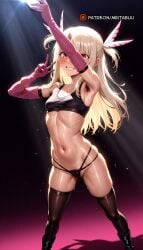 ai_generated arm_up armpit_hair armpits bare_shoulders black_footwear black_panties black_sports_bra black_thighhighs blonde_hair blush boots breasts cameltoe cellphone collarbone dress elbow_gloves fate/kaleid_liner_prisma_illya feather_hair_ornament feathers female female_pubic_hair gloves grin hair_between_eyes hair_ornament holding holding_phone illyasviel_von_einzbern long_hair looking_at_viewer magical_girl meitabuu navel panties phone pink_dress pink_gloves prisma_illya pubic_hair red_eyes selfie sidelocks skindentation small_breasts smile solo sports_bra standing stomach sweat teeth thighhighs two_side_up underwear v w white_hair